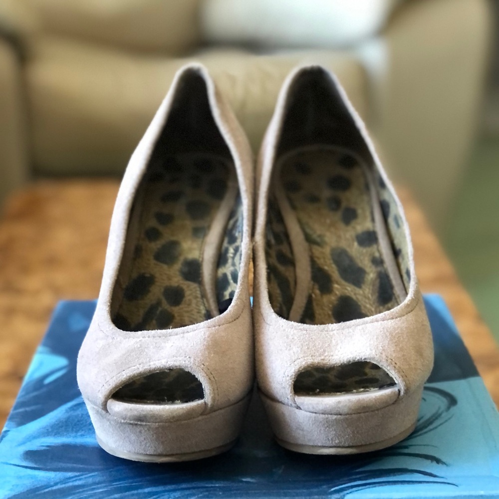 Express taupe/tan suede open toe wedges